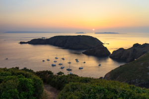 Havre Gosselin, Sark, looking towards Brecqhou, Guernsey, Herm and Jethou.