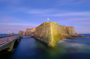 Castle Cornet at dusk on a high spring tide.