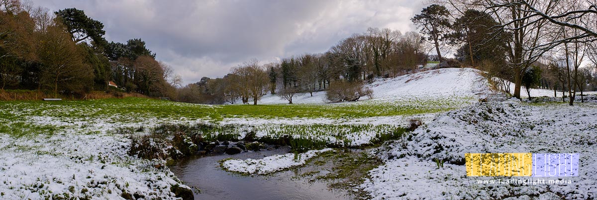 Snow partially covers the fields at Talbot Valley. Beast from the east - snow in Guernsey, February 2018