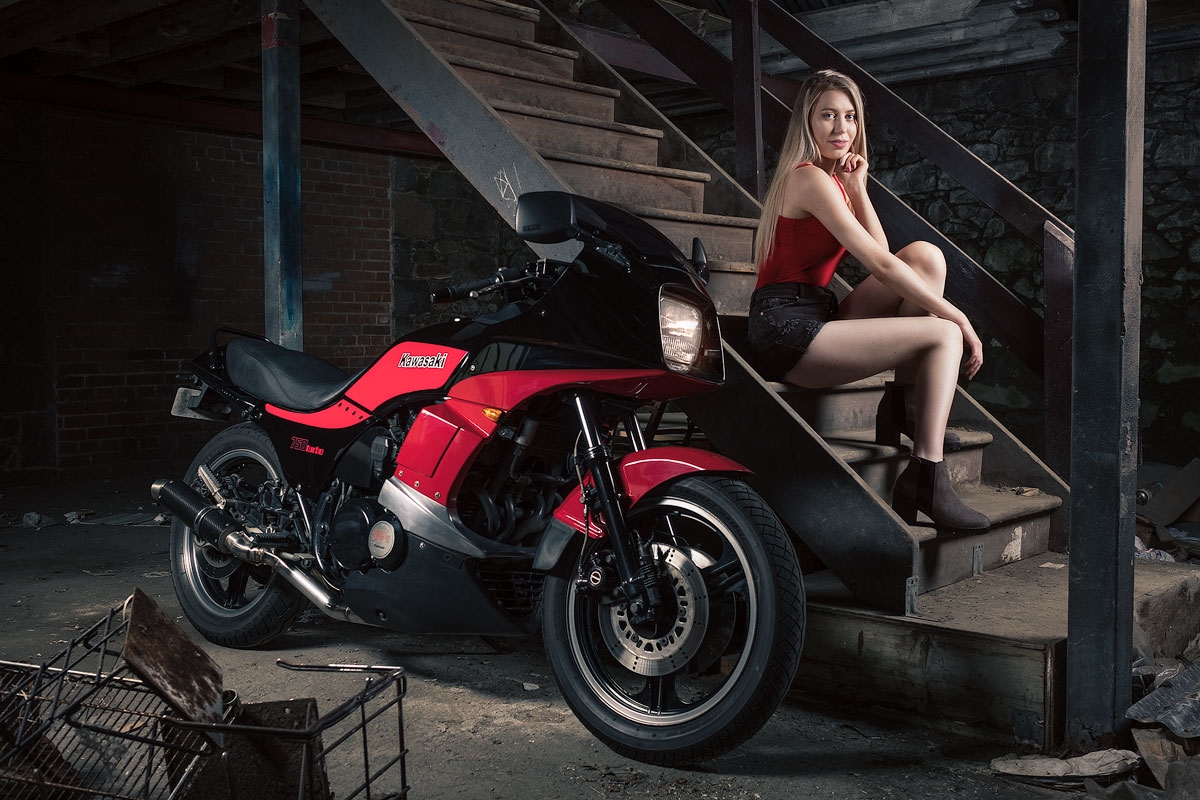 The staircase in this abandoned workshop was perfect for posing Sarah.