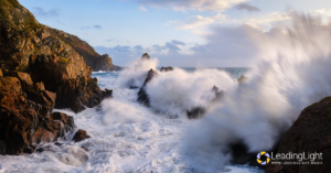 Giant waves crash over rocks at Le Jaonnet Bay as storm Atiyah approaches.